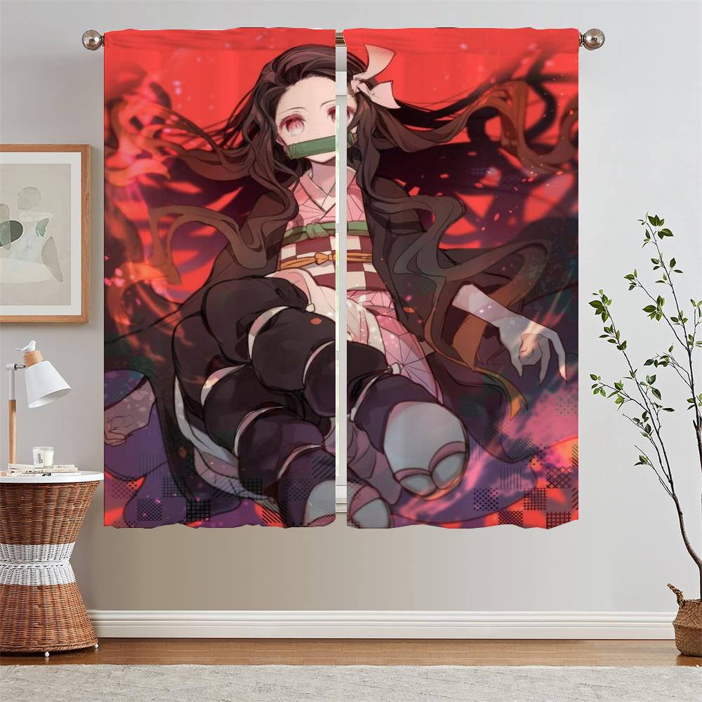 Nezuko Kamado Curtain Window Curtains for Living Room Decoration Curls Tulle In Kitchen Curtains 2 Pieces Window Blinds Blackout