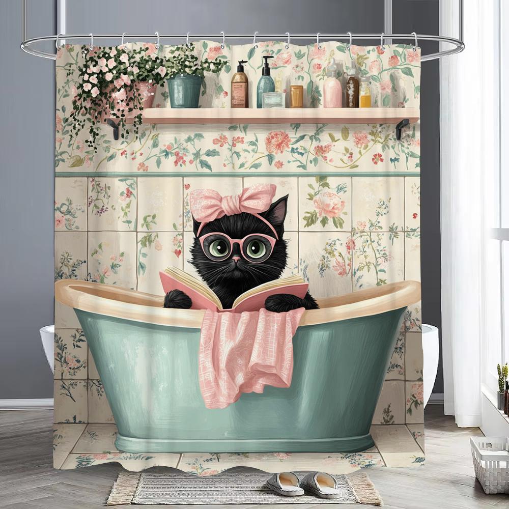Bathroom Cat Shower Curtain, Floral Plants,Black Cat in the Bathtub Bathroom Decorative Shower Curtain, Home Curtain with Hooks