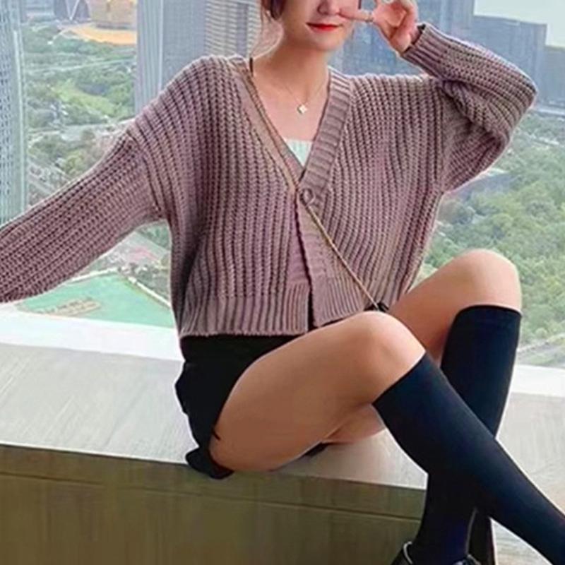 Neuer Herbst- und Winter-Cardigan Kurzer Pullover Damen V-Ausschnitt Locker Mode Einfarbig Mäntel Elegant Langarm Lässig Einfache Kleidung