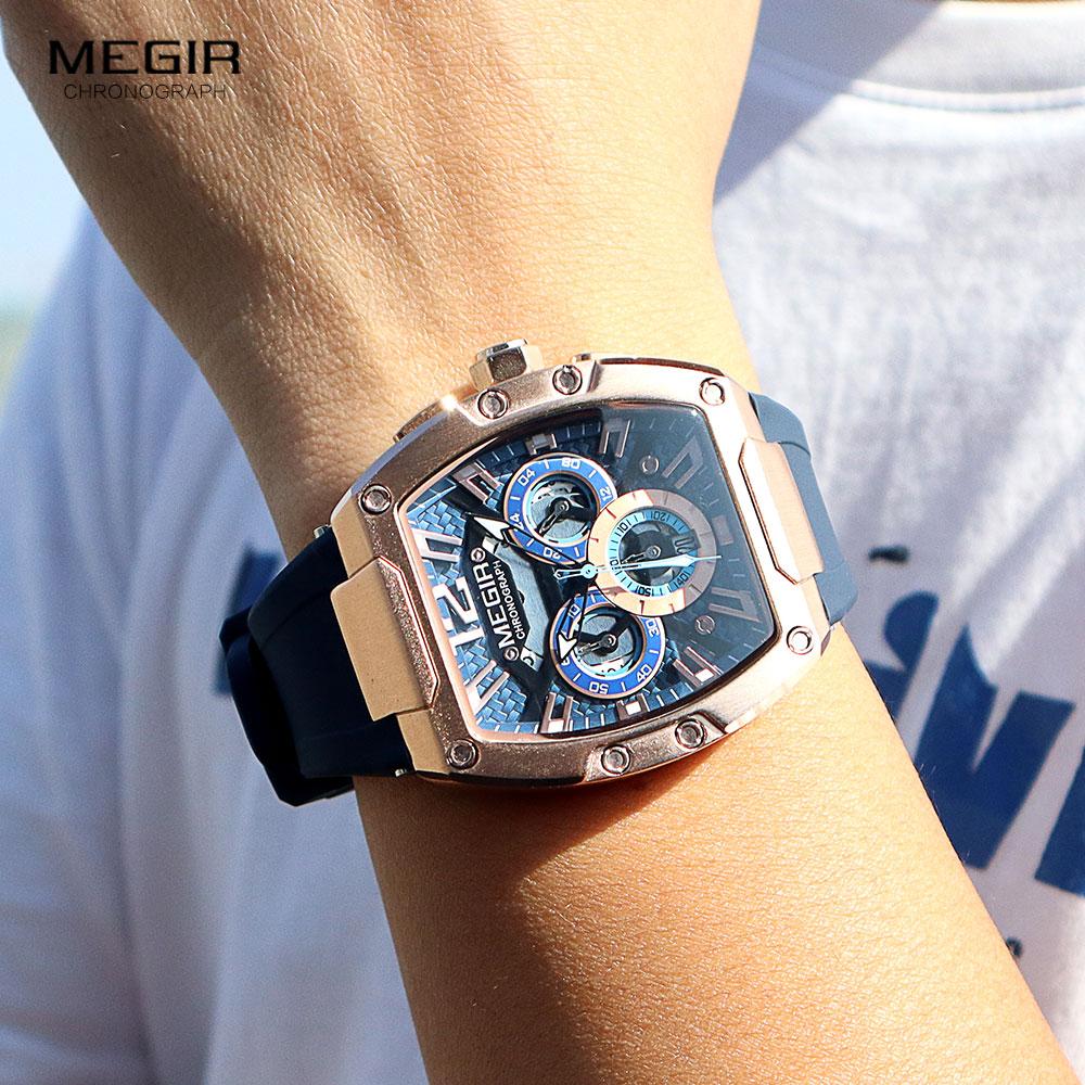 Megir Quartz Watch for Men Waterproof Silicone Strap Fashion Tonneau Case Chronograph Sport Wristwatch with Date Luminous Hands