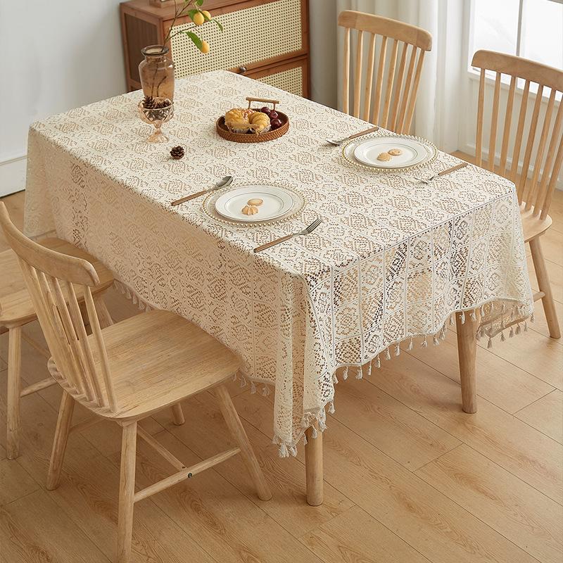 American Retro Style Tablecloth Premium Rectangular Tassel Table Mat Photo Background Cloth Knitted Hollow Atmosphere Dustproof Decorative Fabric