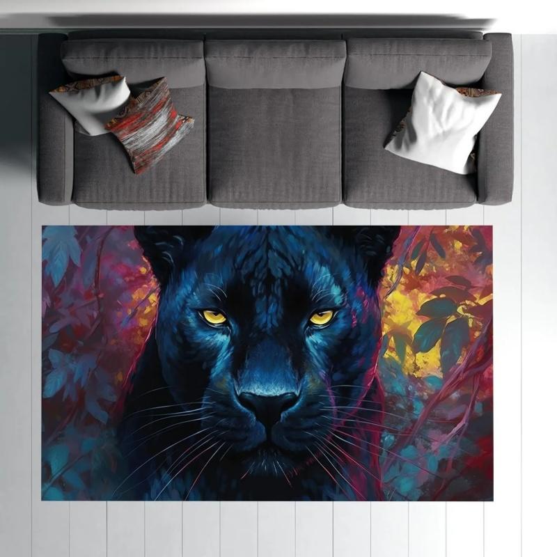 Vintage Blumiger Schwarzer Panther Bereichsteppich, Verzierter Rot Grüner Musterteppich, Rutschfeste Dekorationsbodenmatte für Wohnzimmer Schlafzimmer Heimdekoration