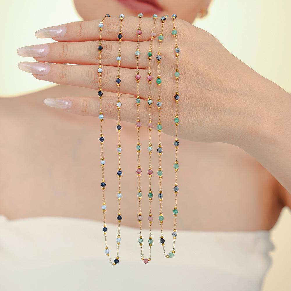 Natural Lapis Lazuli Handmade Beaded Collarbone Necklace, Double Layer Titanium Steel PVD Real Gold Plated Jewelry