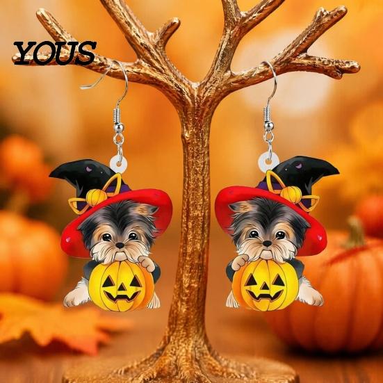 Distinctive Halloween Theme Jewelry Witch Hat Puppy Earrings, Cute Dog Pumpkin Drop Stylish Pet Lover Accessories Lightweight Acrylic Jewelry,