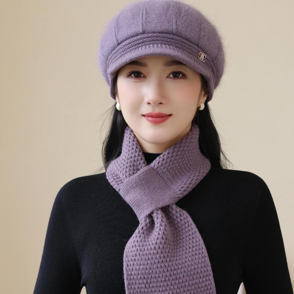 Knitted Woolen Hat New Rabbit Fur Hat for Women Mother  Middle Aged and Elderly Plus Velvet Warm Hat Grandma's Cold Proof Scarf