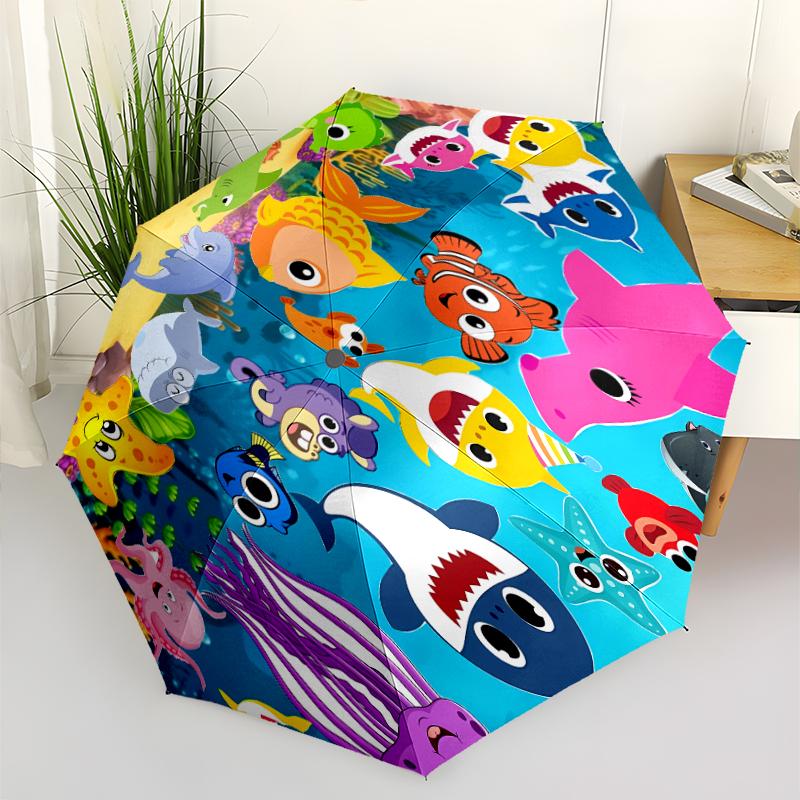 B-Baby Shark Print Automatic Umbrella, 8 Rib Iron Frame, Plastic Handle, Suitable for Outdoor Travel &Daily , Ideal Gift