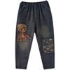 Damen Übergröße Lässige Haremjeans Bestickter Denim Hohe Taille Lange Hose Cartoon-Nähte Dad-Hose