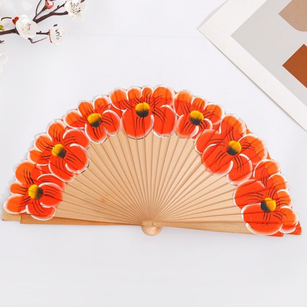 Chinese Style Wooden Folding Fan Hand-Painted Pattern Handheld Fan Ancient Flower Fan Women Use