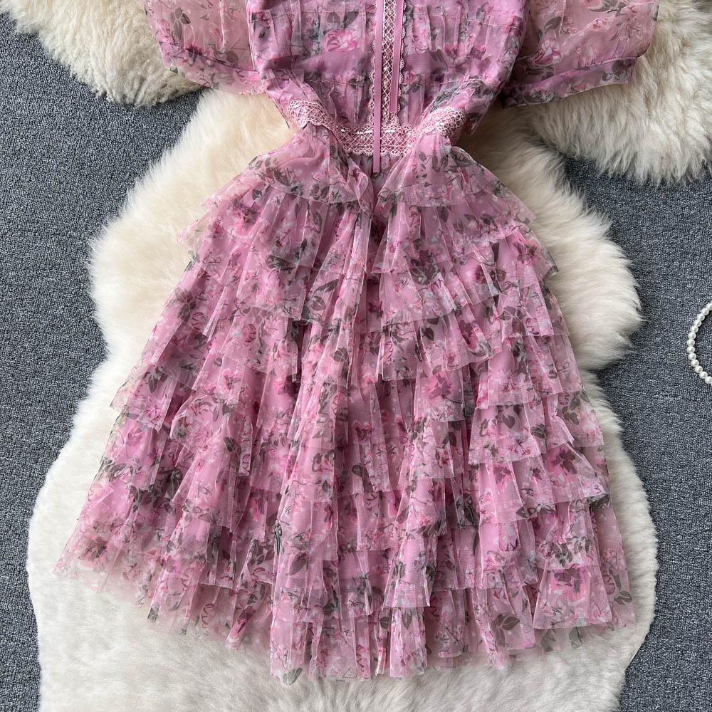 Été doux filles perles perles broderie robe de fleur femmes manches bouffantes impression maille dentelle couche gâteau en cascade robe de bal robes de soirée