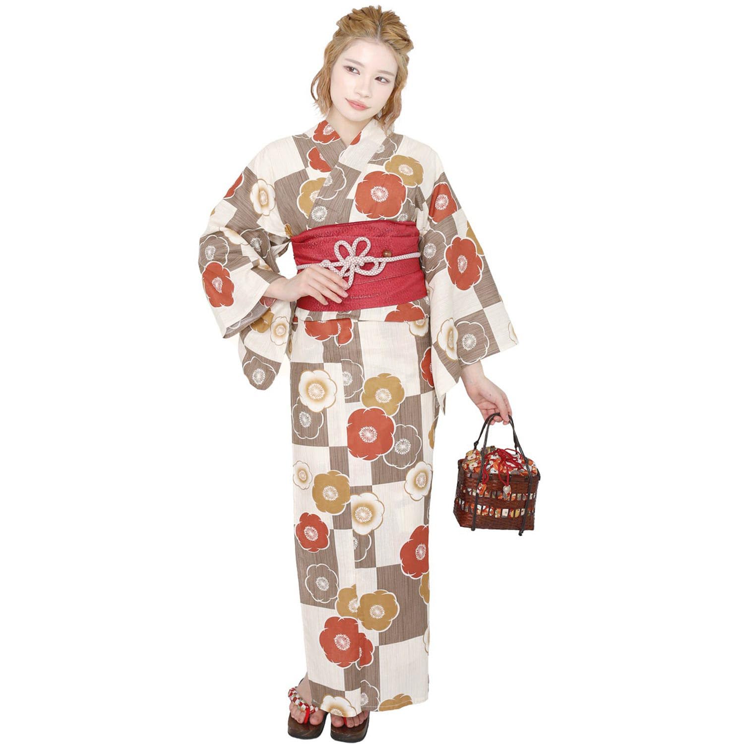 

Fuuka Yukata and Obi Set Plus Size Camellia Checkered Beige Made in Women s (2 Pieces), 4L, Pattern, (Obi, Japan, Red) X3601-4LB115