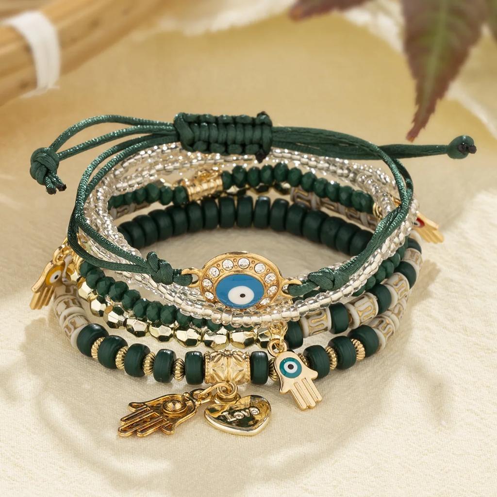 Bohemian Handmade Bracelet Set For Women Fatima Hand Evil Eye Heart Charm Adjustable Rope Chain Bangle Men Daily Wear Jewelry