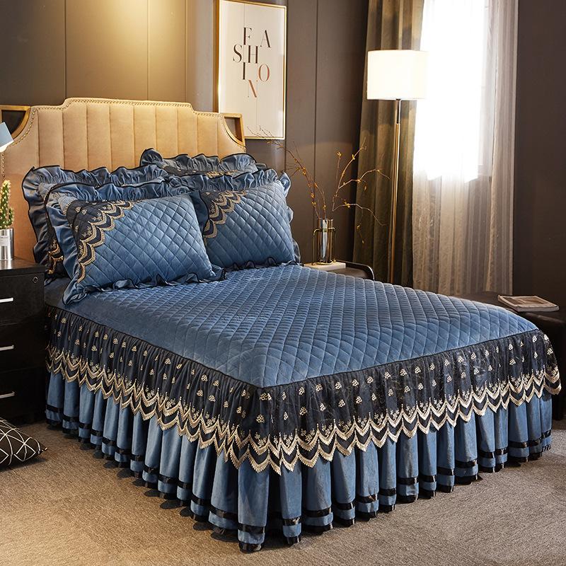 European-style Crystal Velvet Quilted Bed Skirt Single Piece Autumn Winter Thickened Lace Bedspread Bed Cover Non-slip Sheets