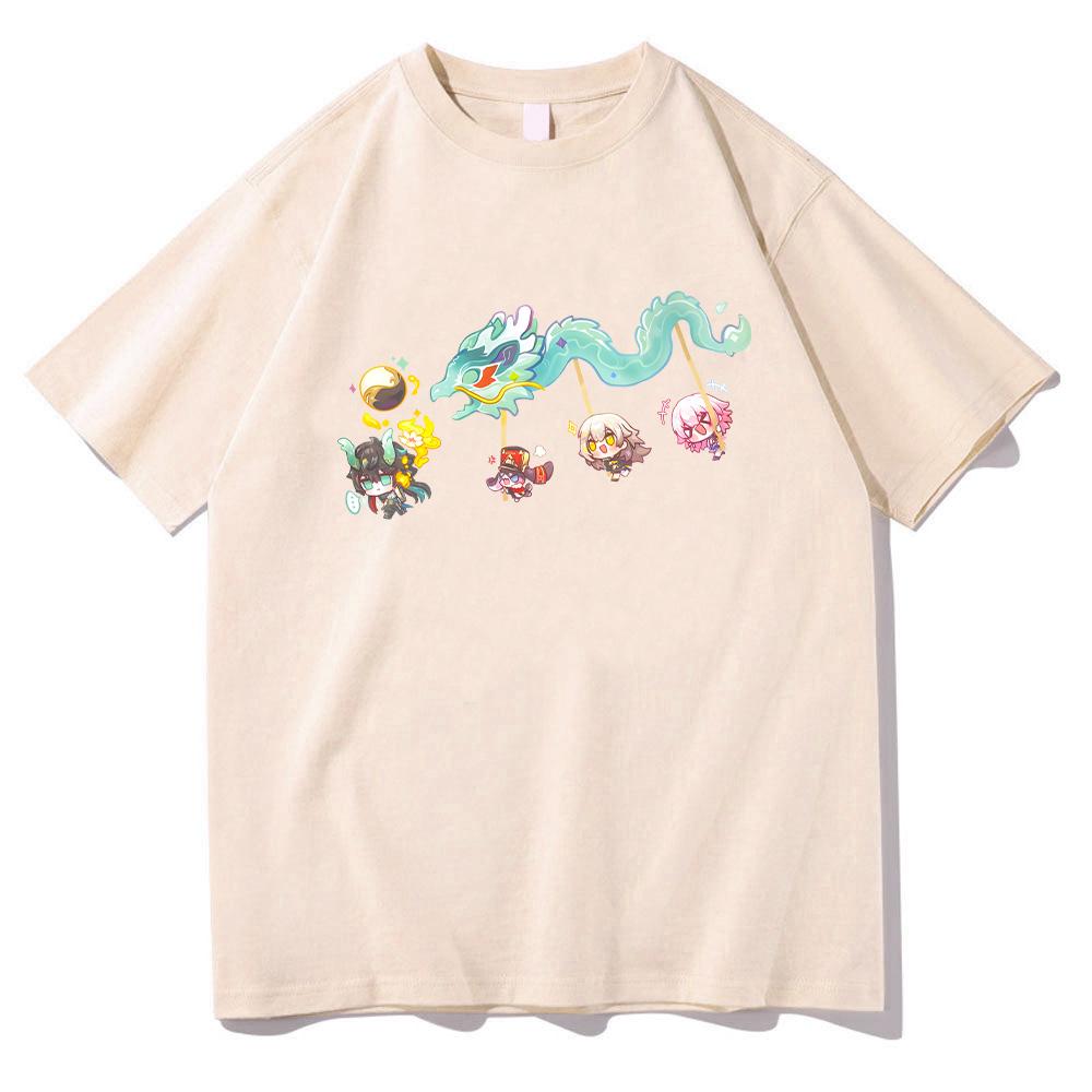 Imbibitor Lunae & Friends Dragon Dance Cotton T-shirt Honkai Star Rail Game Tees Adorable Q-version Cartoon Tops Unisex Clothing