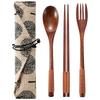 Versatile 2 Set Wooden Flatware Tableware Cutlery Set Travel Utensils Tied Line Reusable Flatware, Wooden Fork Spoon Chopsticks