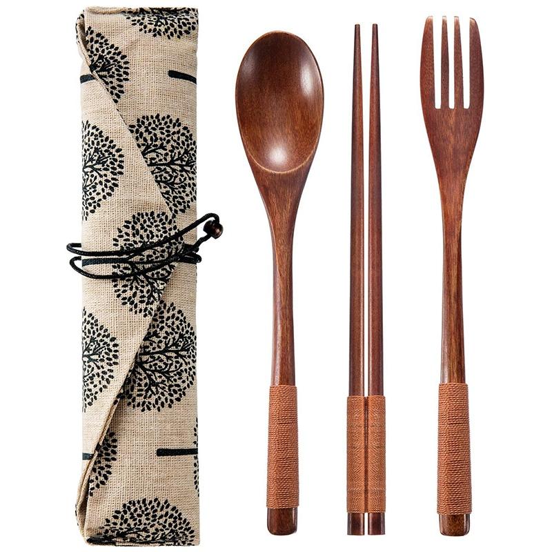 Versatile 2 Set Wooden Flatware Tableware Cutlery Set Travel Utensils Tied Line Reusable Flatware, Wooden Fork Spoon Chopsticks