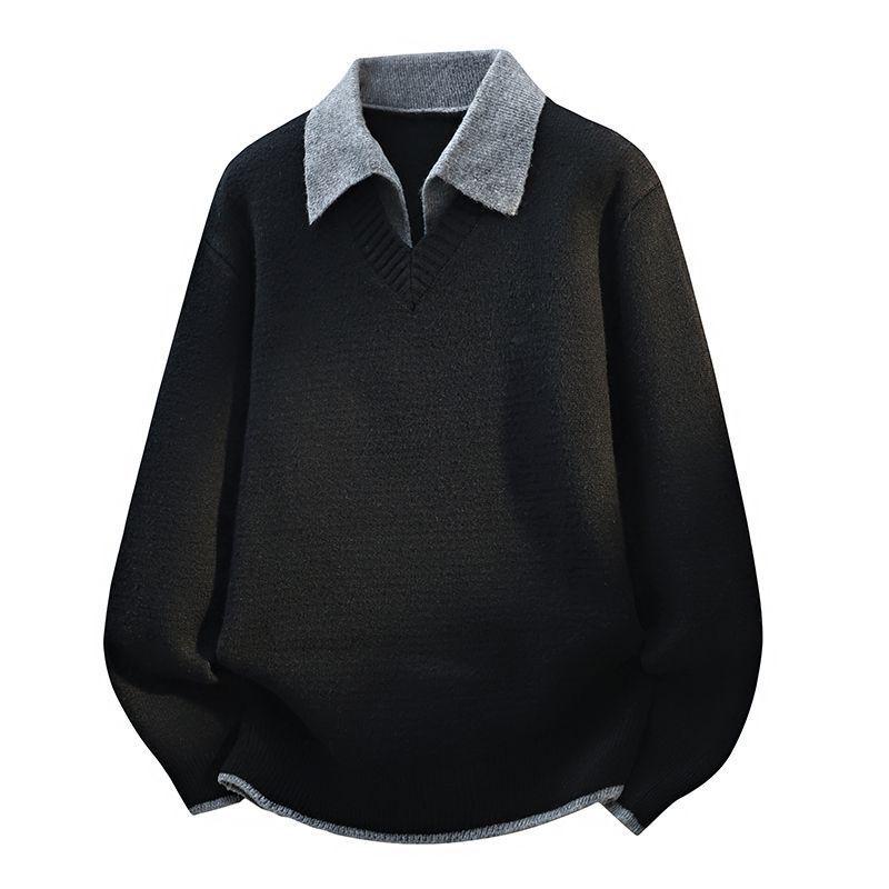Men's Trendy Faux Two-Piece Lapel Sweater - Autumn/Winter Thickened Velvet Casual Knit Base Layer
