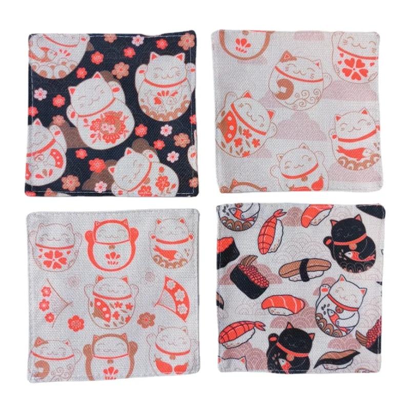 

4 шт./набор Тканевая подставка Корейский мультяшный кот Тканевый плейсмат Хлопок Лен Изоляционная подкладка Кухня Милые подставки Тканевая подкладка для чашки S