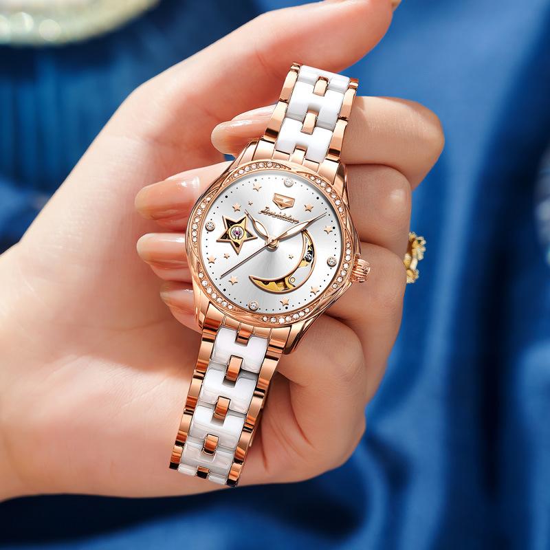 JINSHIDUN marka Star Moon Hollow automatyczny zegarek mechaniczny modny mechaniczny zegarek damski zegarek damski