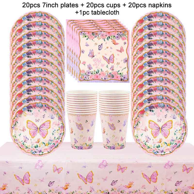 Pink Butterfly Disposable Tableware Set Paper Plates Cup Tablecloth Girls Butterfly Theme Birthday Party Decoration Supplies