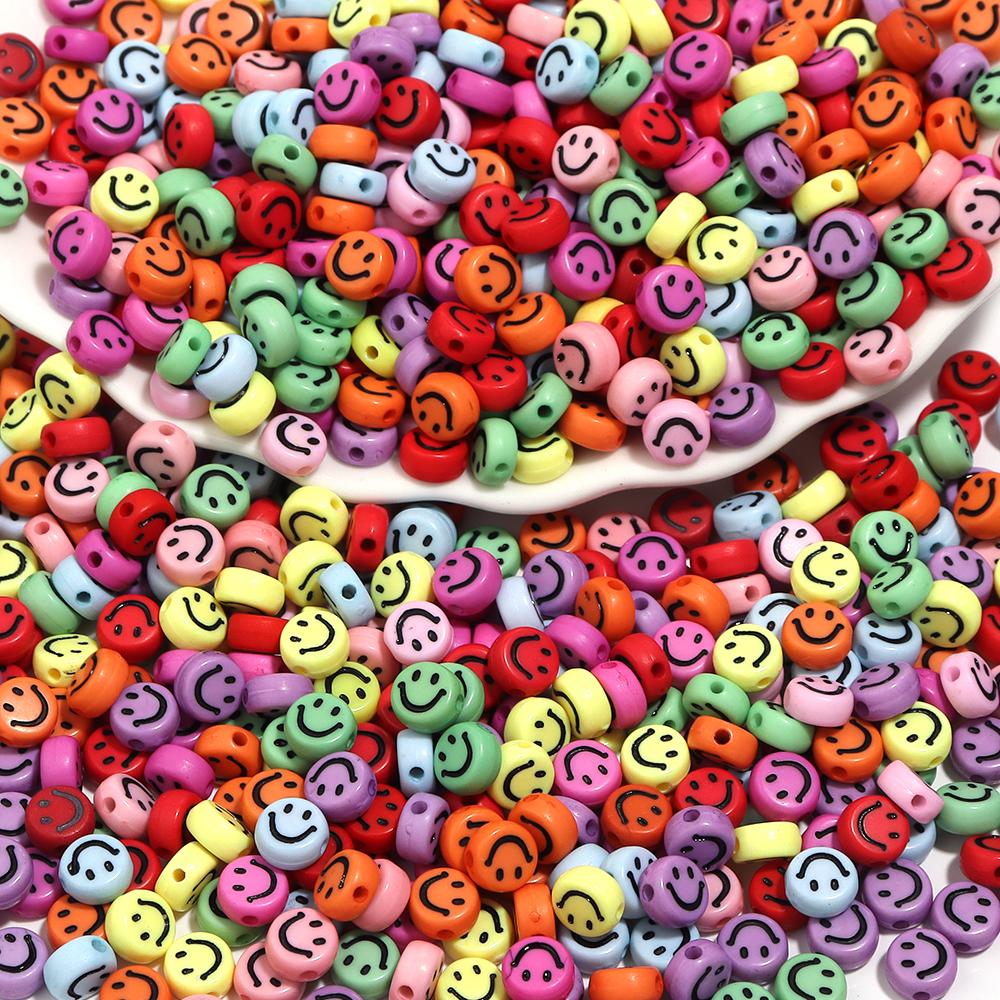 100pcs 7mm Acrylic Smile Face Beads Multicolor Round Shape  Loose Spacer Bead for Jewelry Making DIY Charms Bracelet Necklace