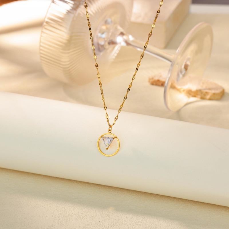 K Vacuum Plating Necklace Geometric Round Triangle Design Versatile Light Luxury Zircon Pendant