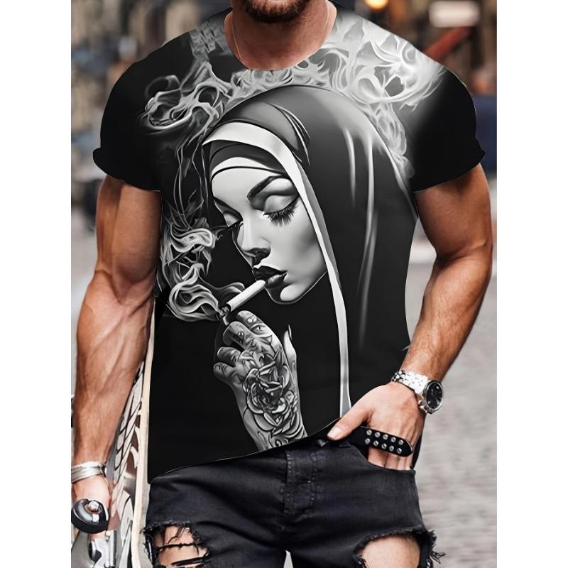 Pánské tričko s 3D grafikou Smoking Nun Černé Ležérní Letní Tričko Krátký Rukáv Polyester Streetwear Trička Vintage Oblečení
