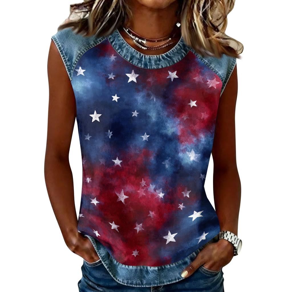 Women's Casual Sleeveless Pullover Tank Top Round Neck Independence Day Print Sleeveless Blouse Summer Outdoor Shirt