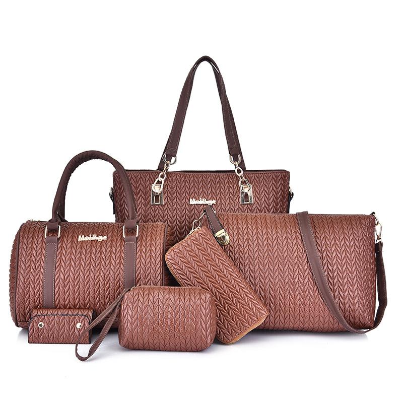 New Mother and Child Women's Bags Solid Color PU Six-piece Set Woven Large-capacity Simple Portable Shoulder Bag Crossbody Fashion
