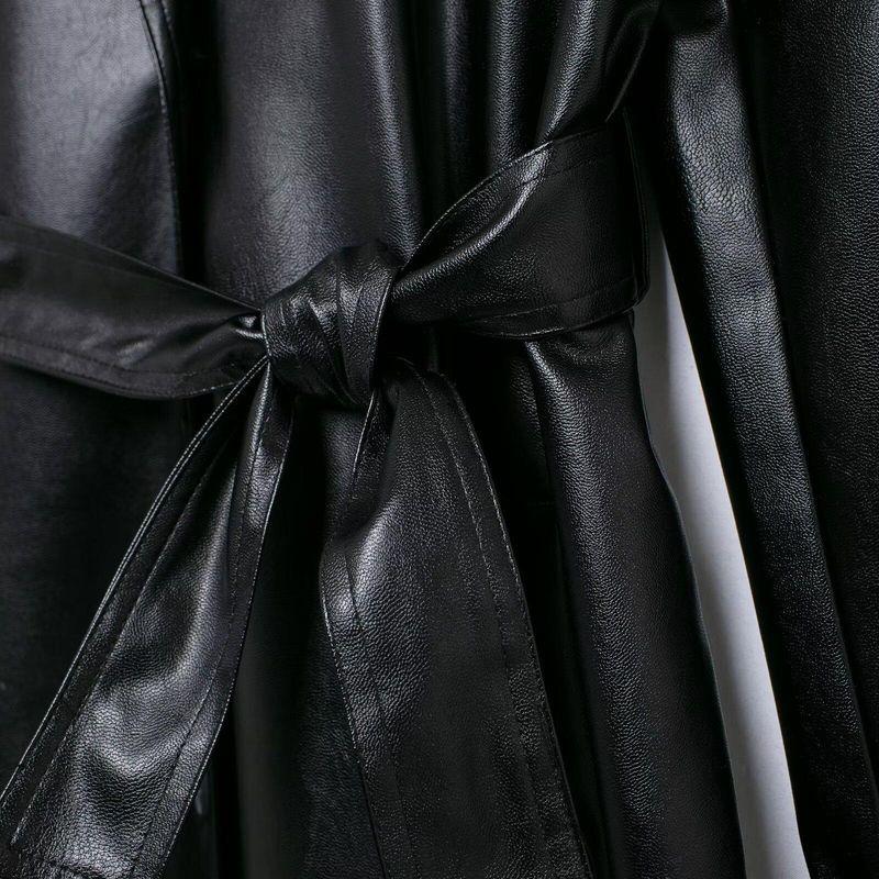Kaslead New Arrival Women's Clothing Fashion Style Fashion Simple Lapel Loose with Belt Imitation Leather Trench Coat Outwear