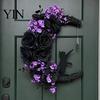 Handmade Artificial Rose Garland Halloween Black Cat Moon Wreath, Gothic Crescent Grapevine Wreath with Party Wall Ornaments Flowers, Spooky