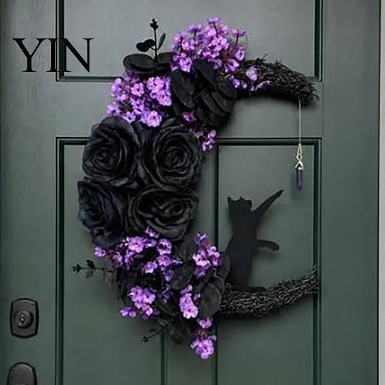 Handmade Artificial Rose Garland Halloween Black Cat Moon Wreath, Gothic Crescent Grapevine Wreath with Party Wall Ornaments Flowers, Spooky
