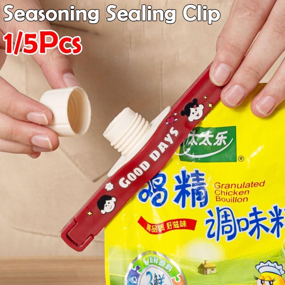 1/5Pcs Screw Cap Seasoning Sealing Clip Cartoon Moisture-proof Food Bag Clips with Plastic Spout Adjustable Spice Jar Lids