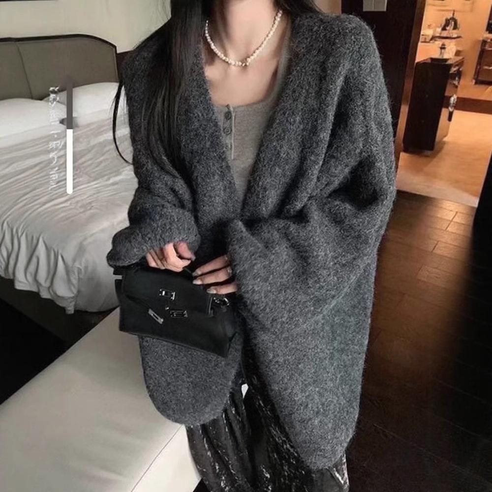 Koreanischer Lässiger Stil Laternenärmel Strickjacke - Damen Verdickter Midilanger Pullovermantel für Herbst und Winter