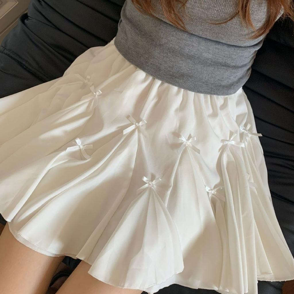Elegant Ballet Style White Bow Skirt Women's Early Autumn Winter New High Waist A-line Cute Fluffy Flounced Cake Skirt
