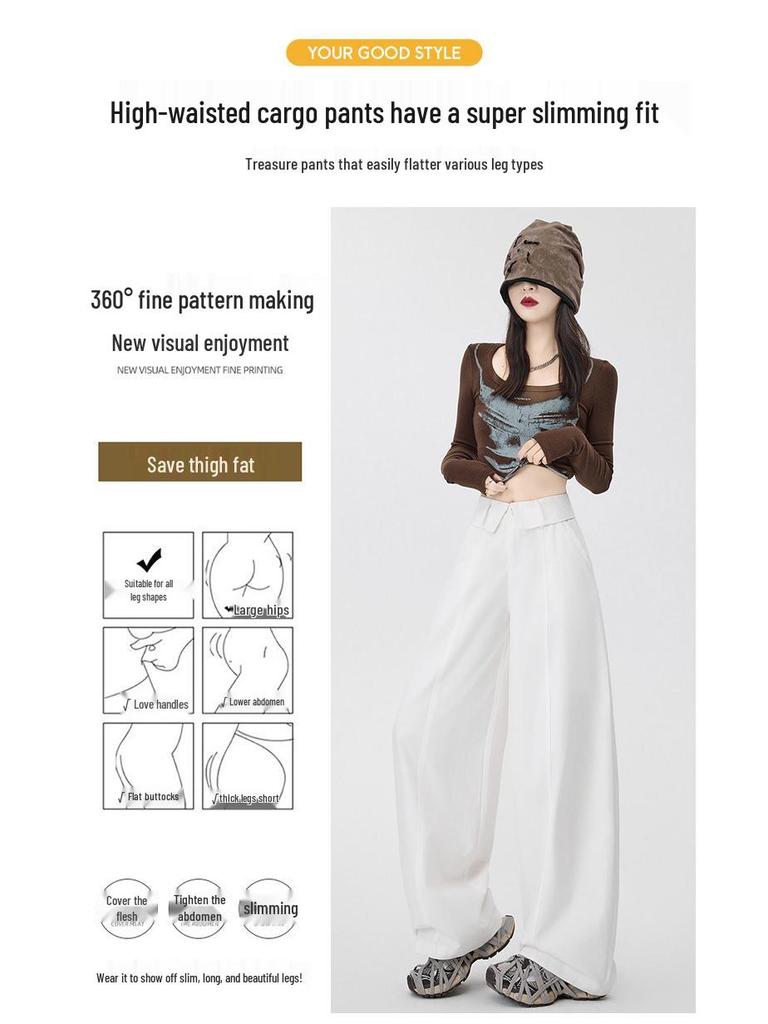 American-Style Ruffled Waistband Cargo Pants: 2026 Fashionable Slimming Women's Wide-Leg Balloon Pants for Spring/Summer