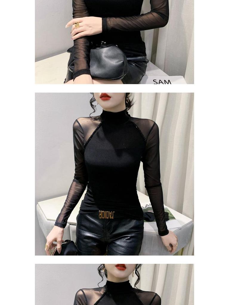European Autumn 2025 Slim-Fit Beaded Mesh Patchwork Long Sleeve Women's T-Shirt