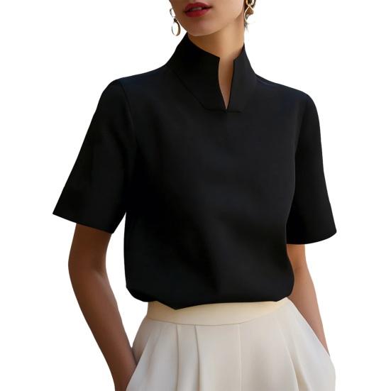 

Women Shirt V-neck Stand Collar Loose Fit Pullover Tops Pure Color Soft Stretchy Breathable Blouse Daily Wear S