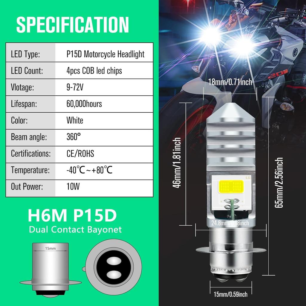 2Pcs 9-48V ATV LED Bulbs White,1800LM Hi-Lo Beam 4COBs H6M P15D LED Bulbs for or Motorcycle,Y amaha,ATVS Y FM350 450 400 660 700 Raptor.