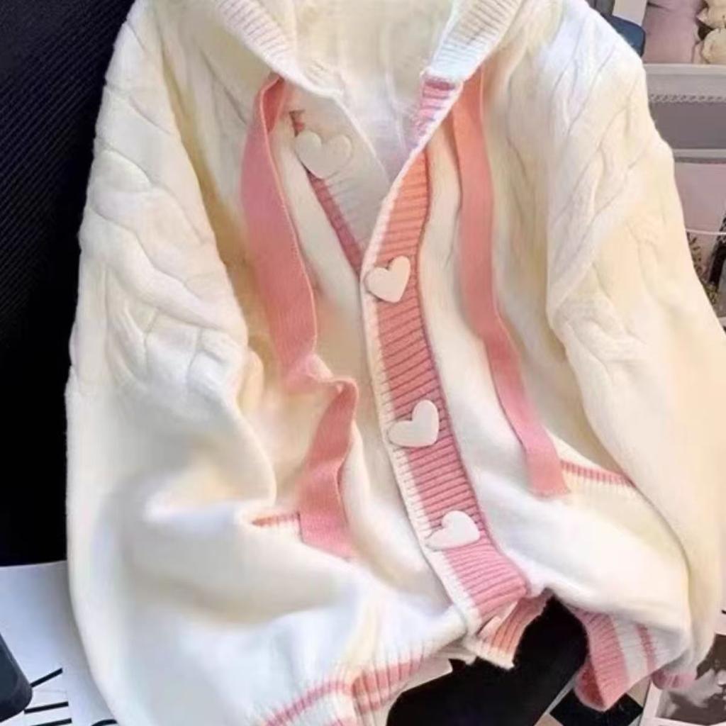 Cute Sweet Cardigan Sweaters Women Lazy Wind White Knitted Coats Long Sleeve Loose Female Japan Kawaii Elegant Hooded Tops