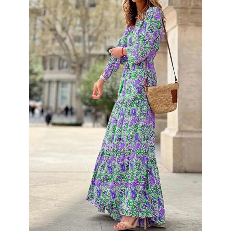 Women's Autumn New Fashionable Printed Sexy V-neck Long Sleeve High Waist Elastic Waist Medium Length Bohemian Dress
