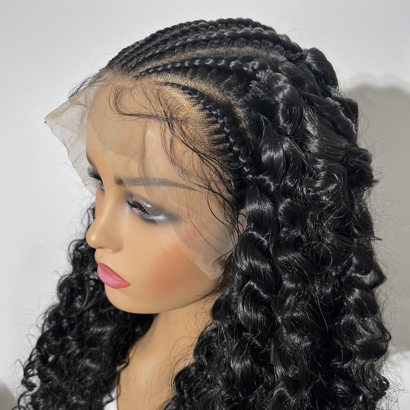 Black 13x4 front lace braid small roll headgear, high temperature silk chemical fiber women's wig headgear e-commerce
