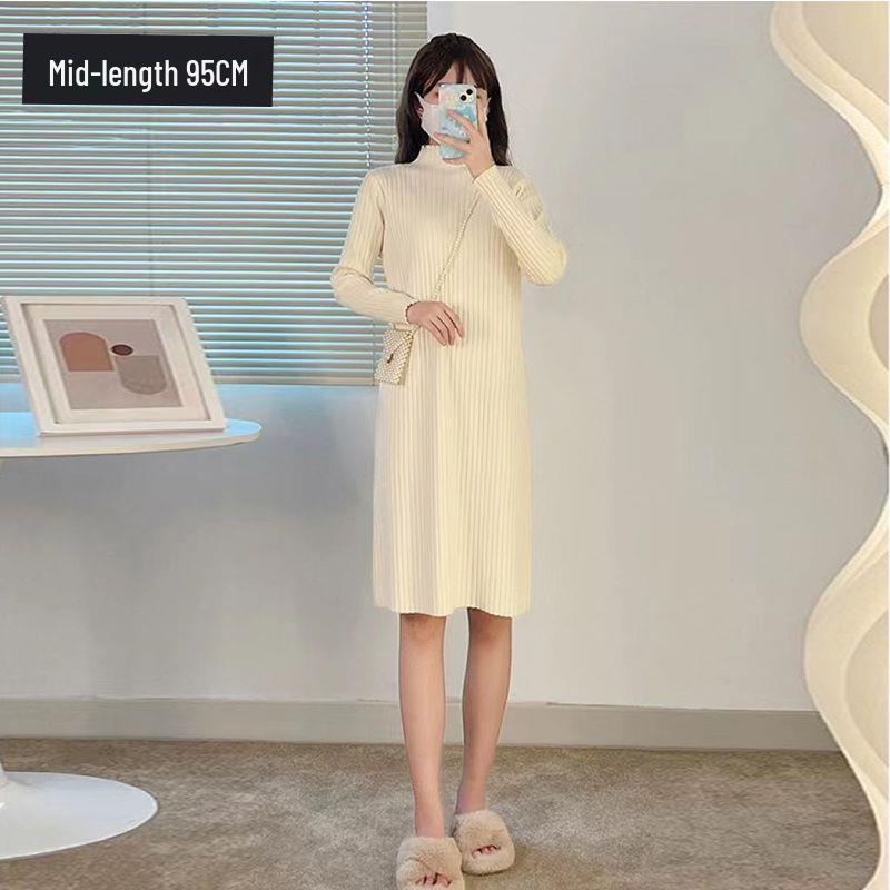 2025 Autumn/Winter Knit Dress: Slim-Fit Half-High Collar, Stylish Mid-Length Over-the-Knee Coat Dress.