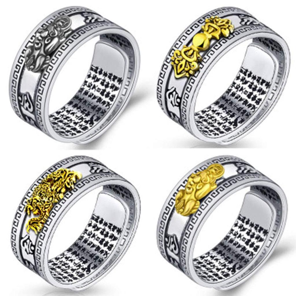 Rockyu Brand Free Size Silver Ring with Pixiu Heart Sutra Antique Amulet Ring for Protection from Evil and Good Fortune Men's Engraving, Style,
