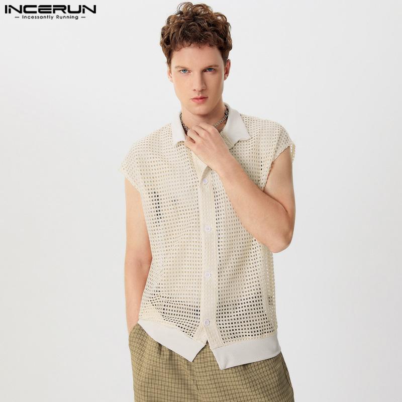 INCERUN Men Summer V Neck Sleeveless Hollow Tank Tops See Through Mesh Vest