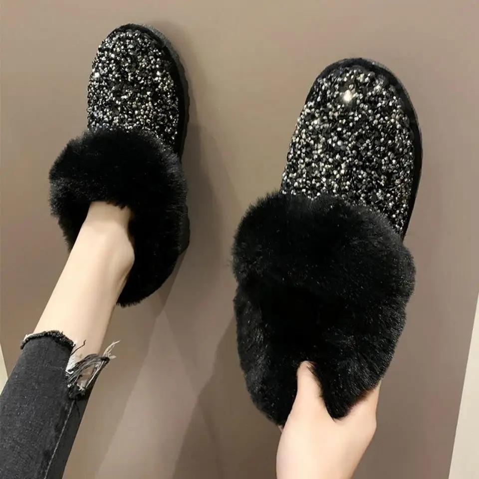 Womens Snow Boots Sexy Round Toe Shoes for Women Rhinestone Elegant with Low Heels Plus Warm Y2k Anti Skid On Promotion Gyaru Pu