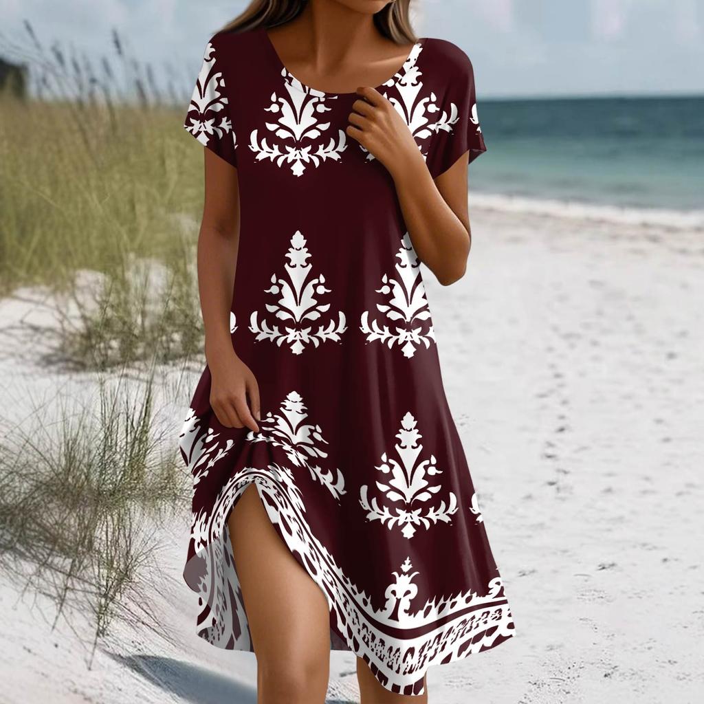 Women's Summer Short Sleeve Round Neck Floral Print Bohemian Dress With Pockets