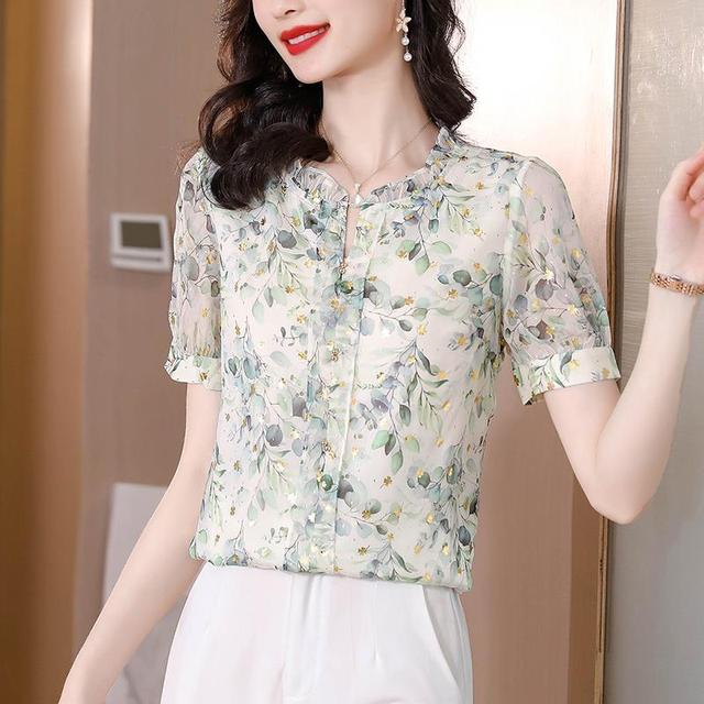 Mom's Short Sleeve Floral Chiffon Shirt Women's Summer New Loose Causal V Neck Thin Top