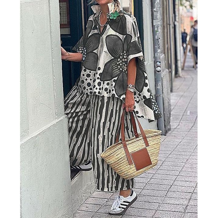 Spring And Summer Casual Ladder Lapel Trousers Short Sleeve Two-piece Set Comfortable And Fashionable Elegant Shirt Set
