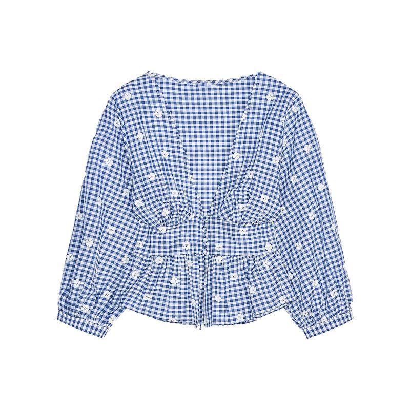 Zaprha 2025 Summer New Versitile Fashion Embroidery Small Plaid V-neck Puff Sleeves Top 3564052