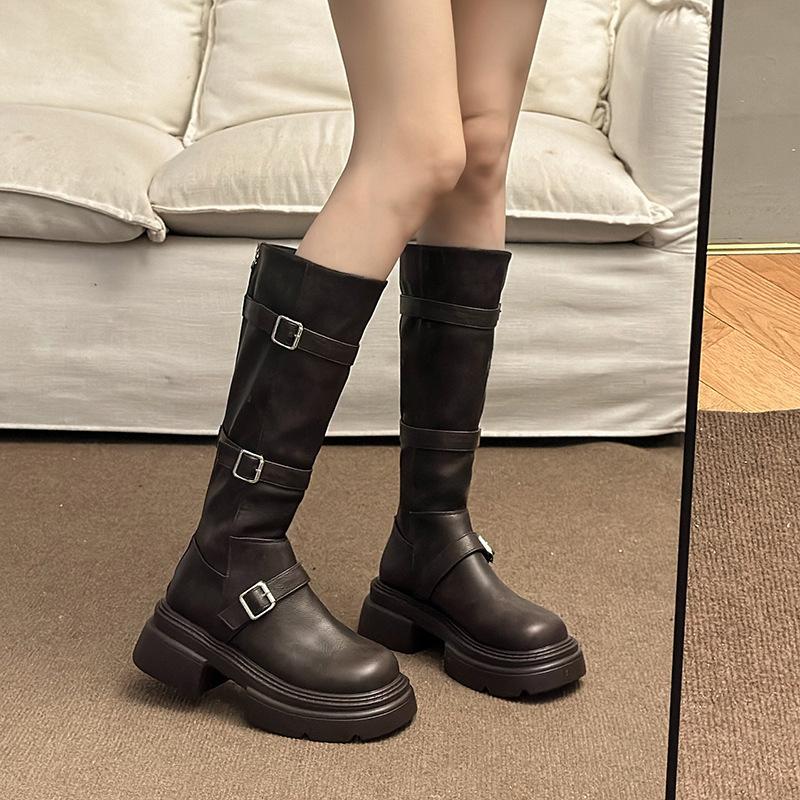 Skinny Boots Children's Autumn and Winter Heightening Square Buckle Round Head Thick Heel Knight Boots Western Boots Boots Women's